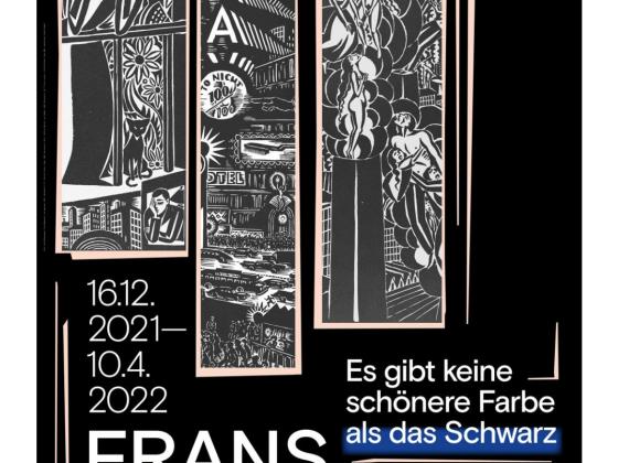 Plakat zur Ausstellung Franz Masereel. Es gibt keine schönere Farbe als das Schwarz, Ausschnitte von Holzdrucken auf schwarzem Hintergrund, mit Logo und Laufzeit der Ausstellung