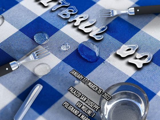 Invitation of Baitball 02, blue and white checkered tablecloth with water glas and cutlery