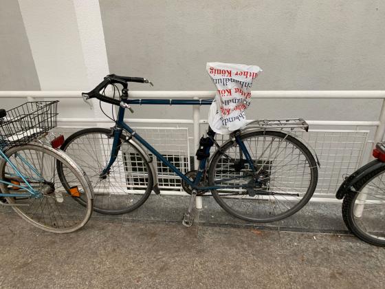 Fahrrad mit Tüte des Verlag der Buchhandlung Walther König über dem Sattel