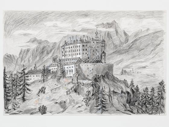 Drawing by Karen Kilimnik showing a castle on the hill