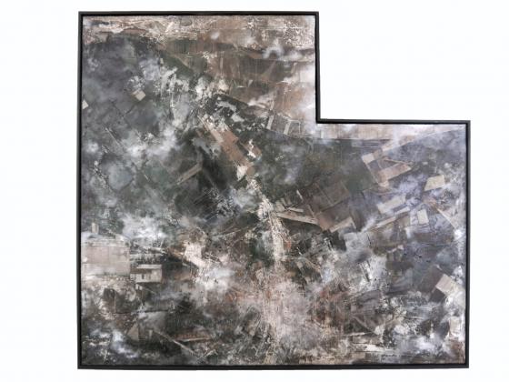 Jens Rausch, Grenzgebiet, 2022, Öl, Kalk, Gips, Erden, Bitumen auf Leinwand, 90 x 100 cm