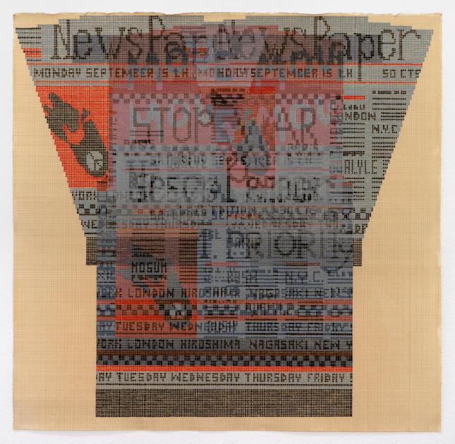 Ellen Lesperance, Stop War 1st Priority, 2019, Gouache and graphite on tea-stained paper, 75 x 75 cm