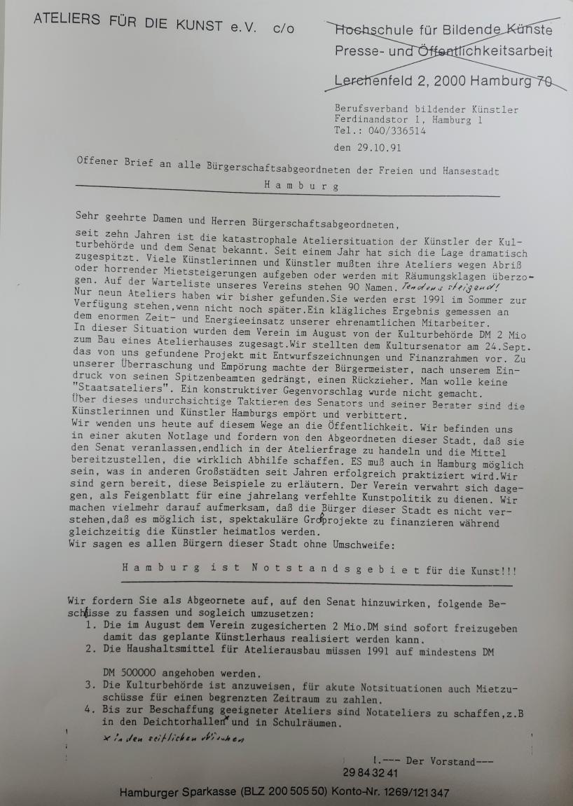 Offener Brief von 1991 des Hamburger Vereins "Ateliers für die Kunst e.V."