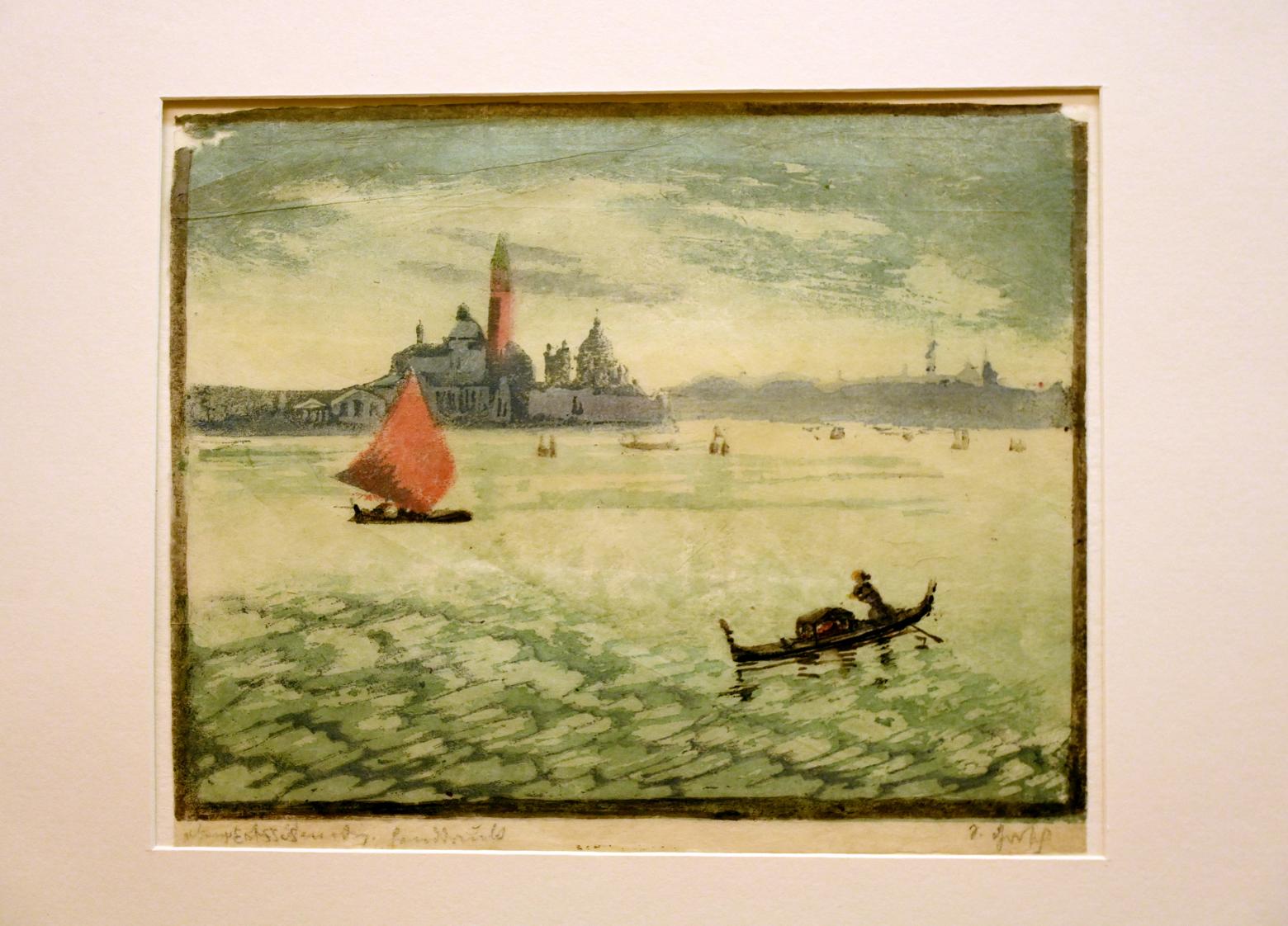 Eine Ansicht mit Blick auf San Giorgio Maggiore mit Boot und Gondel von Sophie Grosch (1874-1962) ist Teil der Ausstellung "Reise nach... Venedig!" im Landesmuseum Mainz