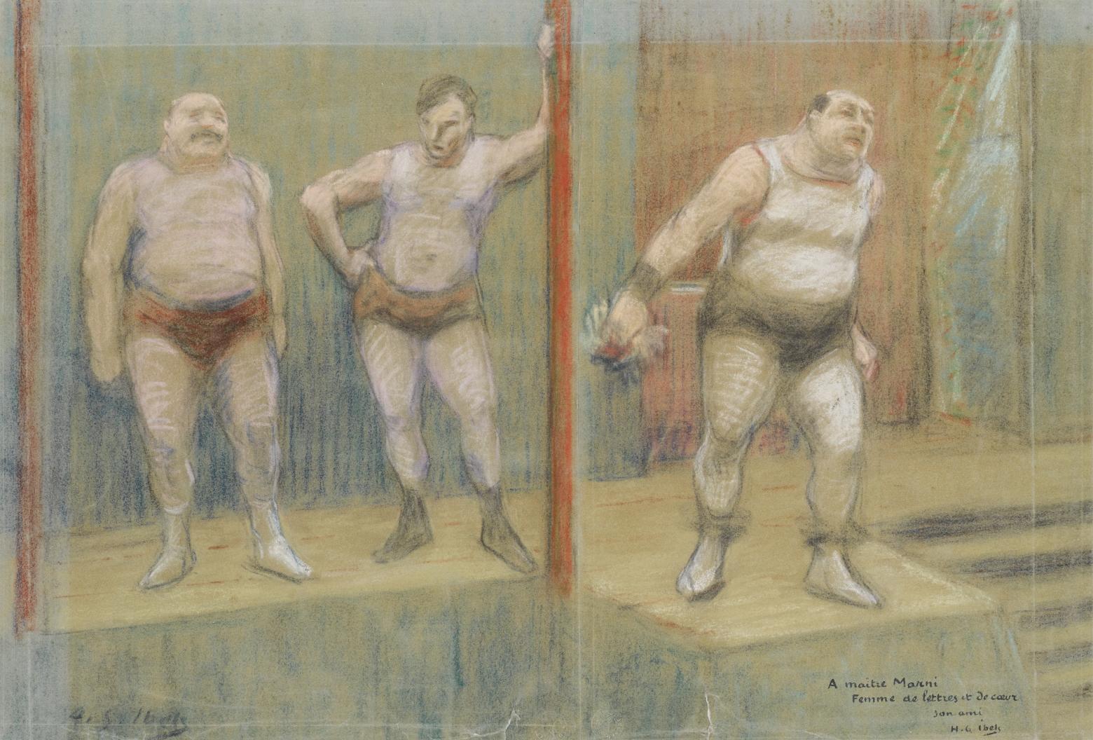 Henri Gabriel Ibels "Drei Ringer auf einer Bühne", circa 1892/93