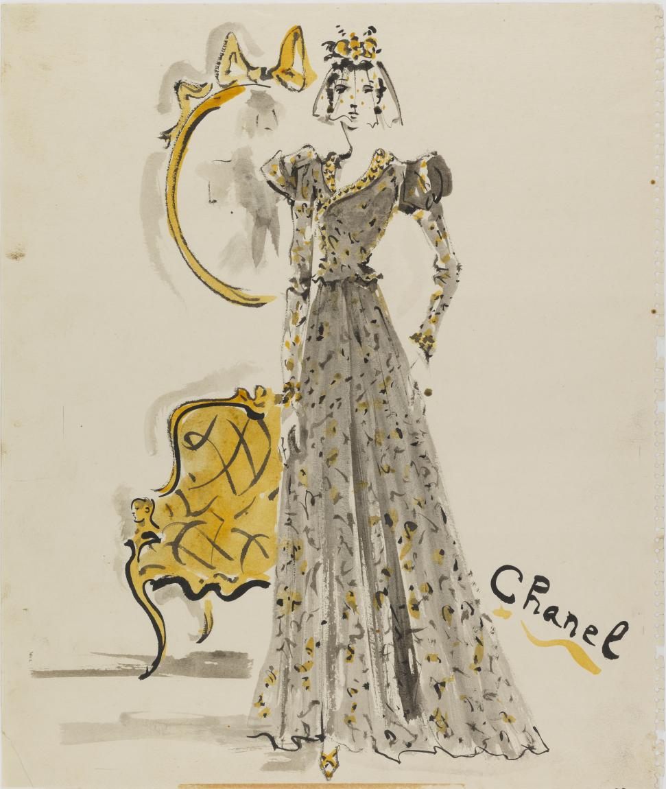 Abendrobe von Chanel Haute Couture aus der Frühling/Sommer-Kollektion 1937. Aquarell mit Gouache, abgedruckt in "Vogue Paris", Juni 1937