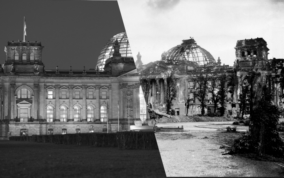 Der Reichstag heute (links) und 1945 nach dem Zweiten Weltkrieg