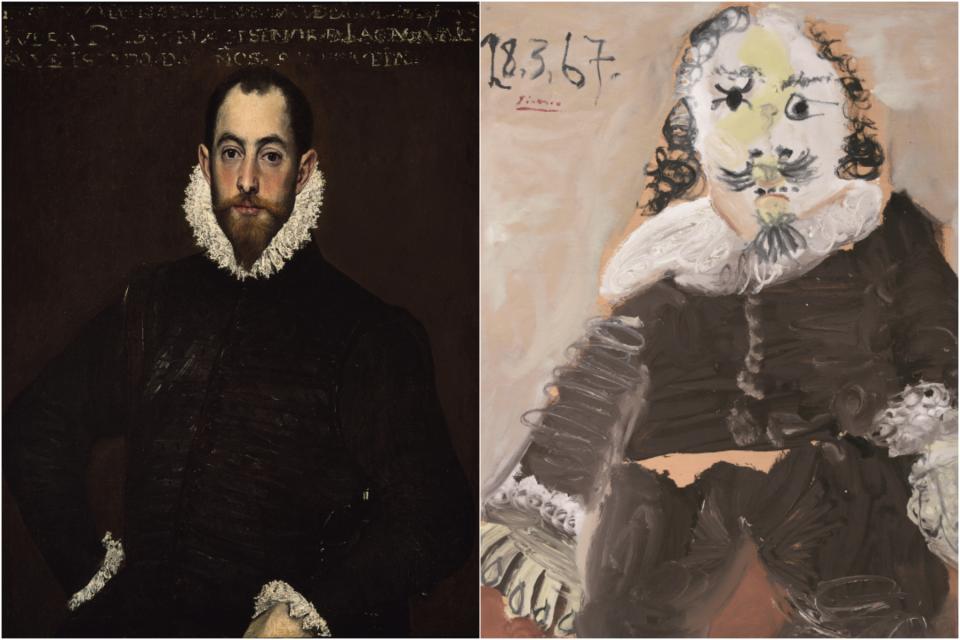 Links: El Greco "Bildnis eines Mannes aus dem Adelsgeschlecht der Leiva", um 1580/85  Rechts: Pablo Picasso "Der Musketier (Domenico Theotocopoulos van Rijn da Silva)", 1967