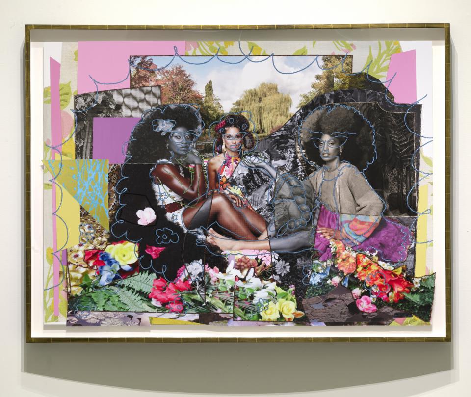 Mickalene Thomas, "Le Déjeuner sur l’herbe : les trois femmes noires avec Monet", 2022