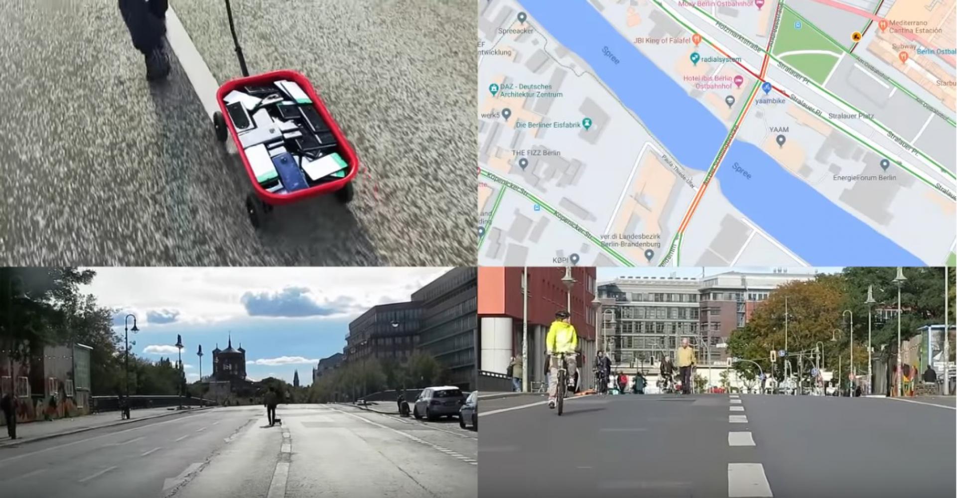Simon Weckert "Google Maps Hacks", 2019. Screenshot via Youtube