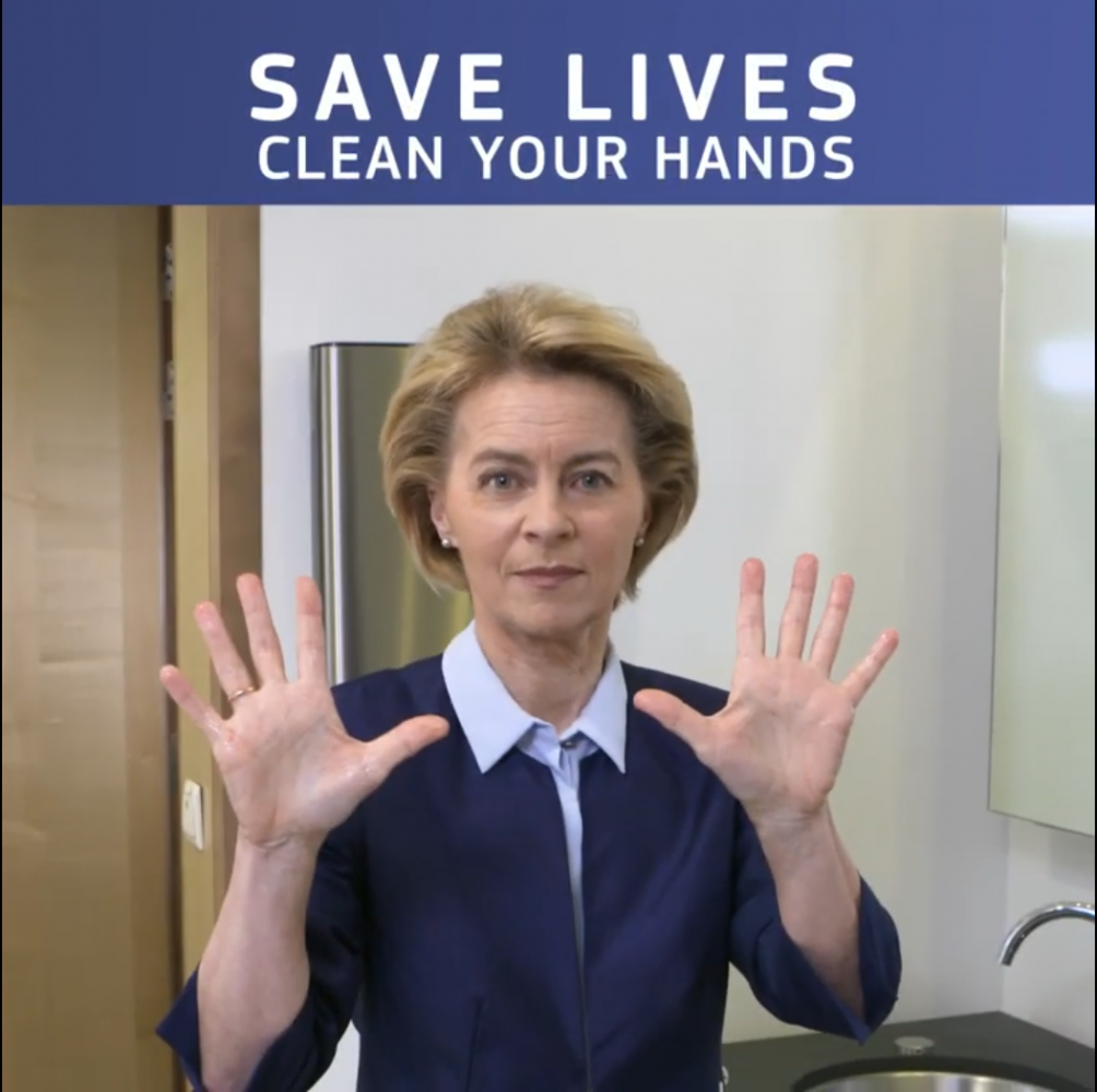 Sauber: EU-Kommissionspräsidentin Ursula von der Leyen demonstriert in einem Video der Europäischen Union zur Corona-Pandemie das richtige Händewaschen