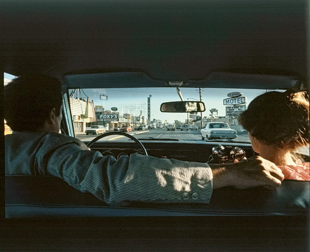 Robert Venturi and Denise Scott Brown driving on the Las Vegas Strip, 1968
