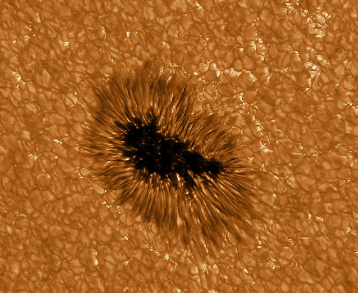 Sonnenkunst: Ein Sonnenfleck in höchster Auflösung, beobachtet mit dem Gregor Teleskop bei einer Wellenlänge von 430 nm