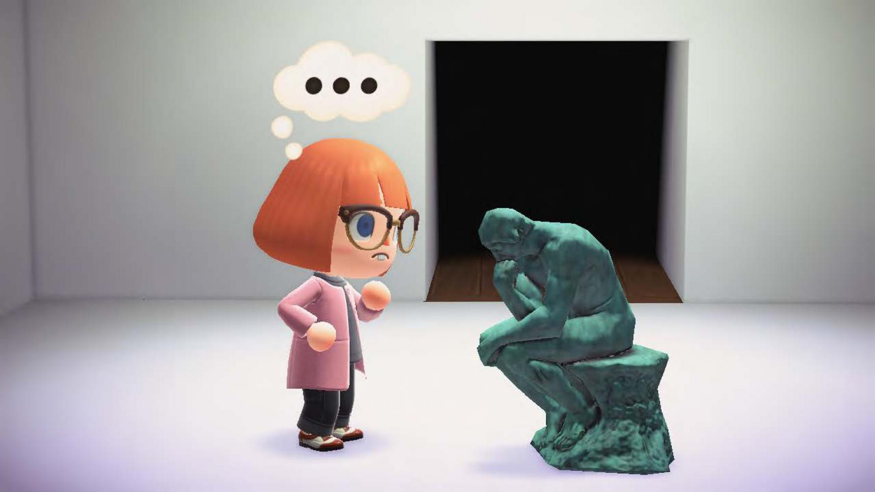 Ein Animal Crossing Avatar betrachtet die Skulptur "Der Denker" von Auguste Rodin in der aktuellen Ausstellung "Rodin/Arp"