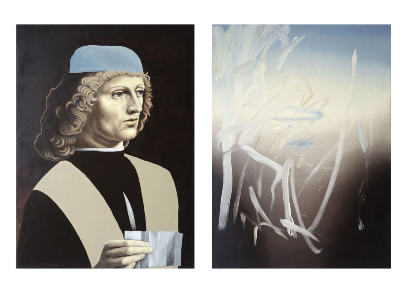 Toni Mauersberg, 2020, Öl auf Leinwand auf Holz, Nach: Da Vinci - Ritratto di musico, circa 1485, 30x40