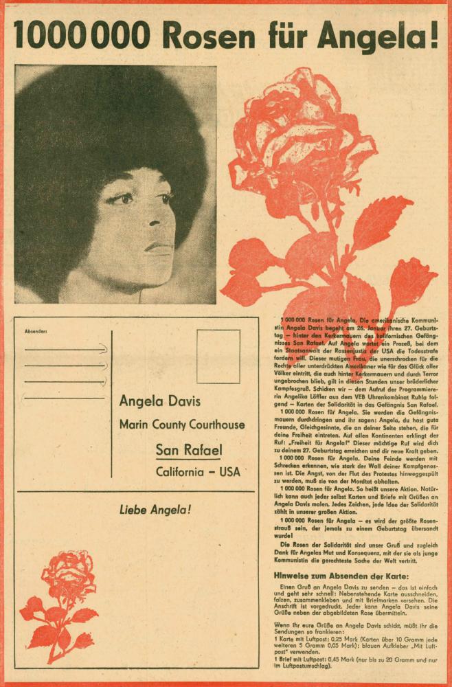 "1000000 Rosen für Angela!" Postkartenvorlage, 1971, Postkartenvorlage Junge Welt 19.01.1971