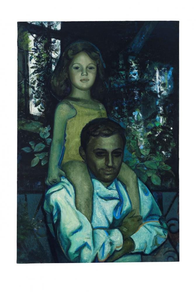 Victor Man "A with his daughter", 2015-2016 (Oil on Canvas, 103 x 69 cm) Eine alternative Quelle besagt, dass der Titel "Andro Wekua and his Daughter Eliso" lautet