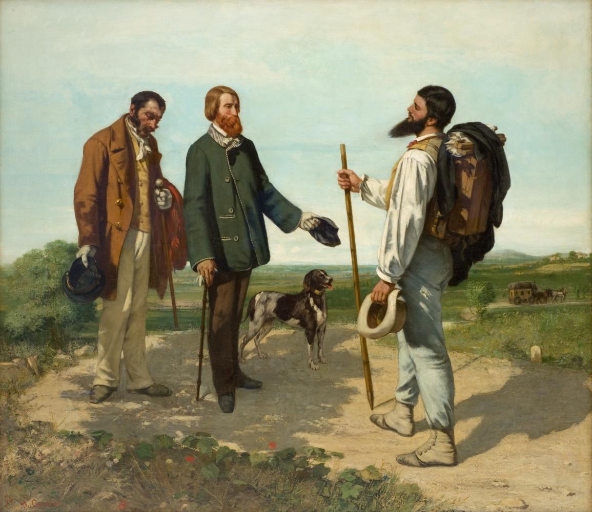 Gustave Courbets Gemälde "Die Begegnung" zeigt das Aufeinandertreffen des Malers mit einem Mäzen und dessen Diener. Als es 1854 ausgestellt wurde, machten sich die Leute lustig über das Auftreten des Künstlers, seinen zurückgeworfenen Kopf, als würde er auf den Sammler hinabblicken. Das Publikum hat das als Arroganz interpretiert und benannte das Bild höhnisch in "Reichtum grüßt Genie" und "Bonjour, Monsieur Courbet" um. Es gab sogar ein Spottlied auf das Gemälde