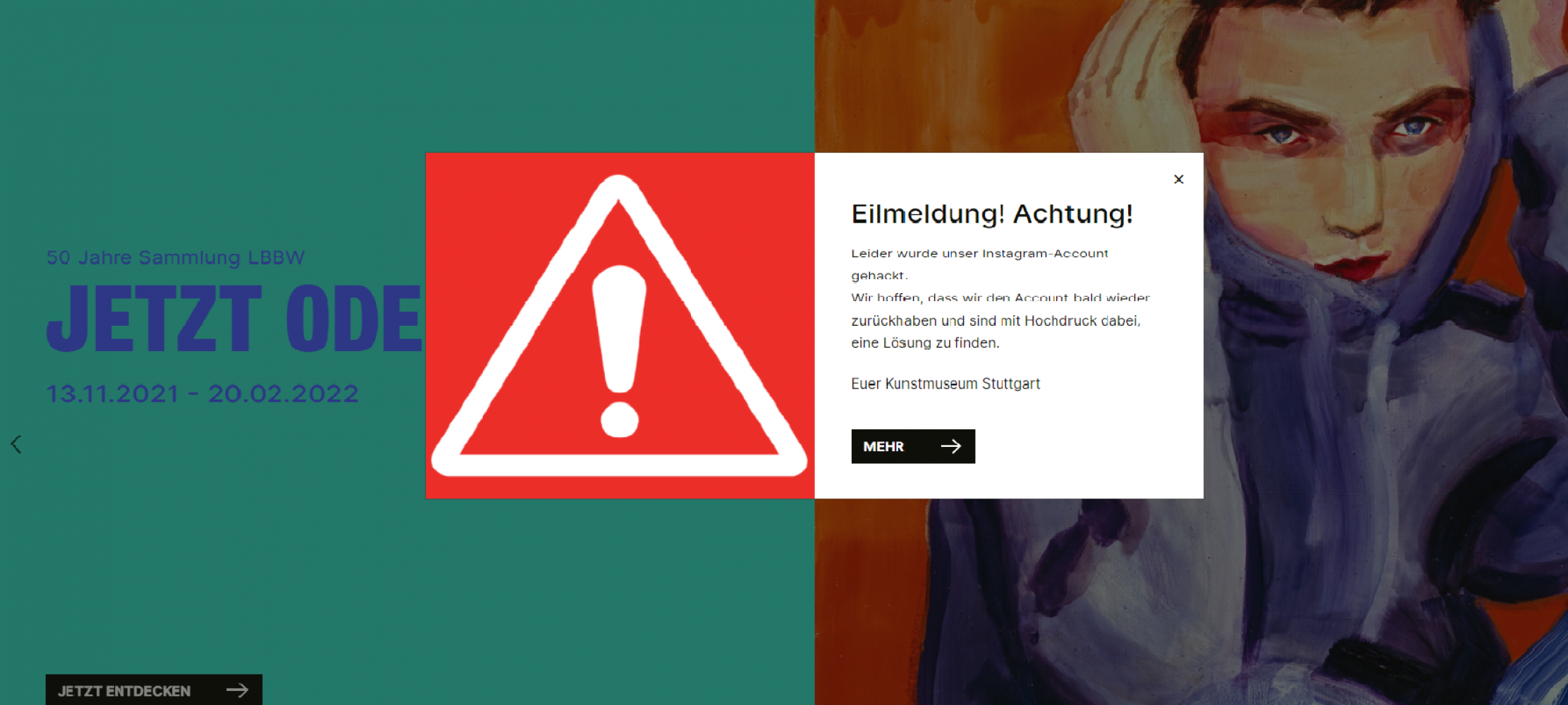Warnhinweis vor gehacktem Instagram-Account auf der Website des Kunstmuseums Stuttgart