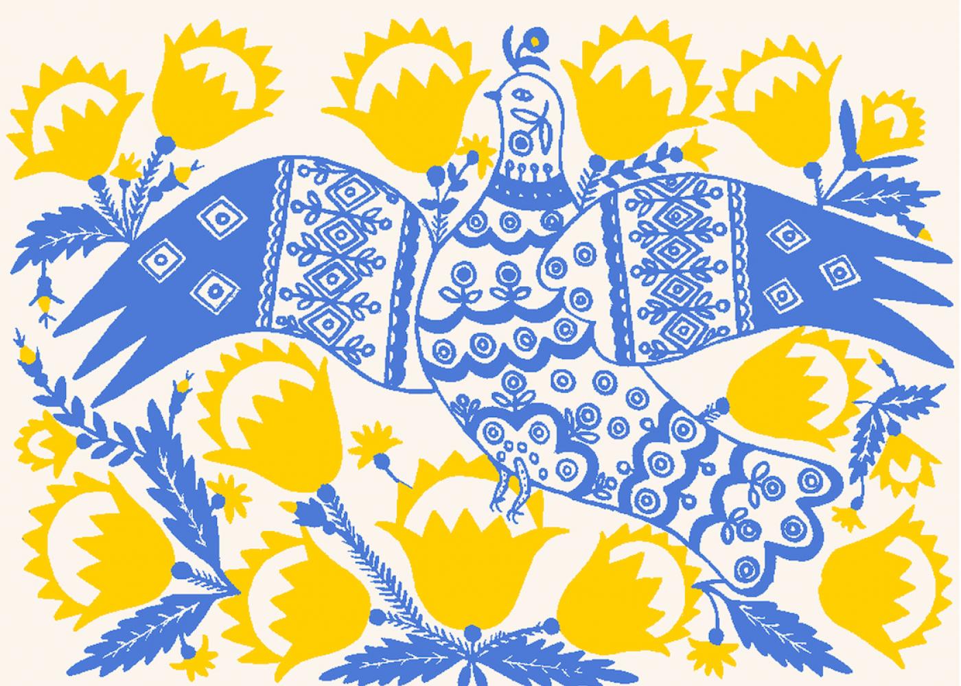 Marija Prymatschenkos "Friedenstaube" auf einer Wolldecke der Schweizer Textilherstellers ZigZagZurich