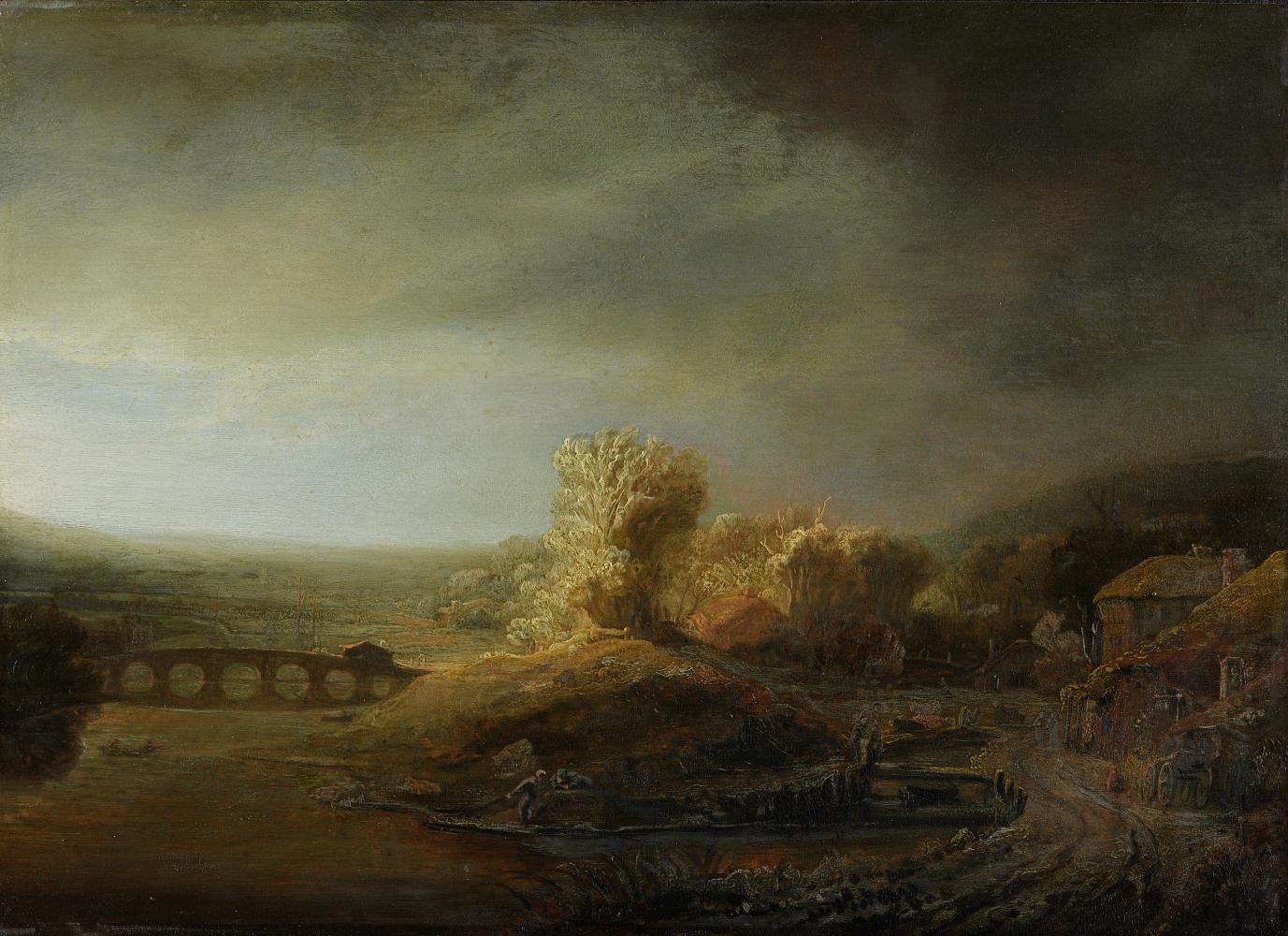 Rembrandt Harmensz. van Rijn "Landschaft mit Bogenbrücke", um 1638, Holz, 