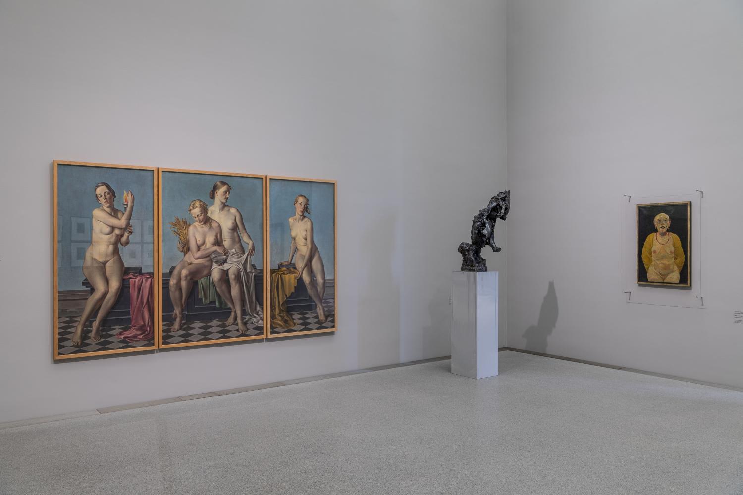 Das Gemälde "Vier Elemente" von Adolf Zieglern (links) in der neuen Dauerausstellung "Mix & Match" der Münchner Pinakothek der Moderne