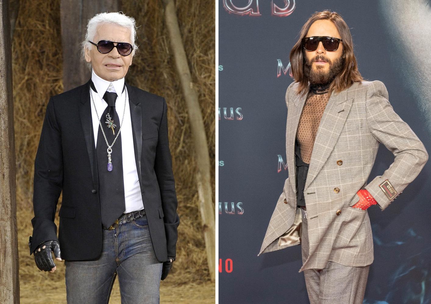 Links: Der 2019 verstorbene Modeschöpfer Karl Lagerfeld. Rechts: Schauspieler Jared Leto