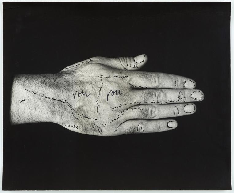 Ketty La Rocca, Le mie parole e tu?, 1971, Writing and drawing on baryte, photo, fine-tipped pen, coarsetipped pen, 50 × 60 cm, Courtesy the artist and Private Collection 